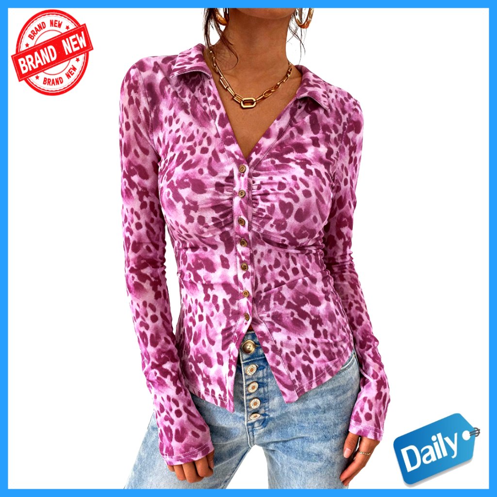 Floral Mesh Button Down Blouse Long Sleeve V Neck Slim Fit Tops